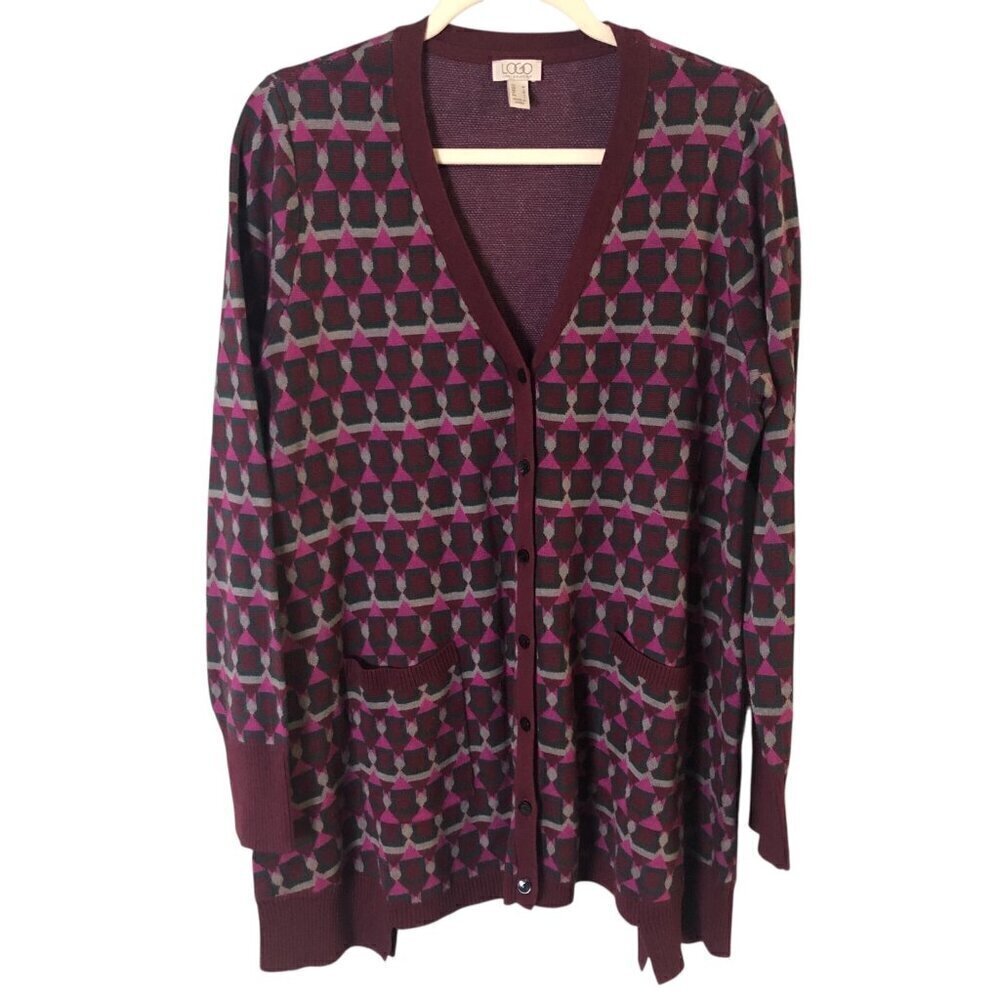 LOGO Lori Goldstein Cardigan Women's size M Burgundy Red Pink Button Up V Neck